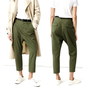 Nili Lotan 4 Paris Pants $345 Cotton Drop Crotch Crop Army Green Slouchy NWT!